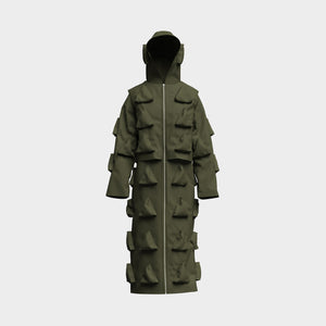 Cargo Hooded Trench Coat in Olive