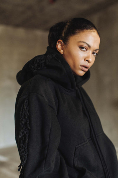 Fringed Hoodie in Black