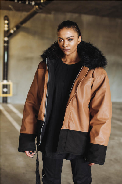 Fur Hood Leather Coat