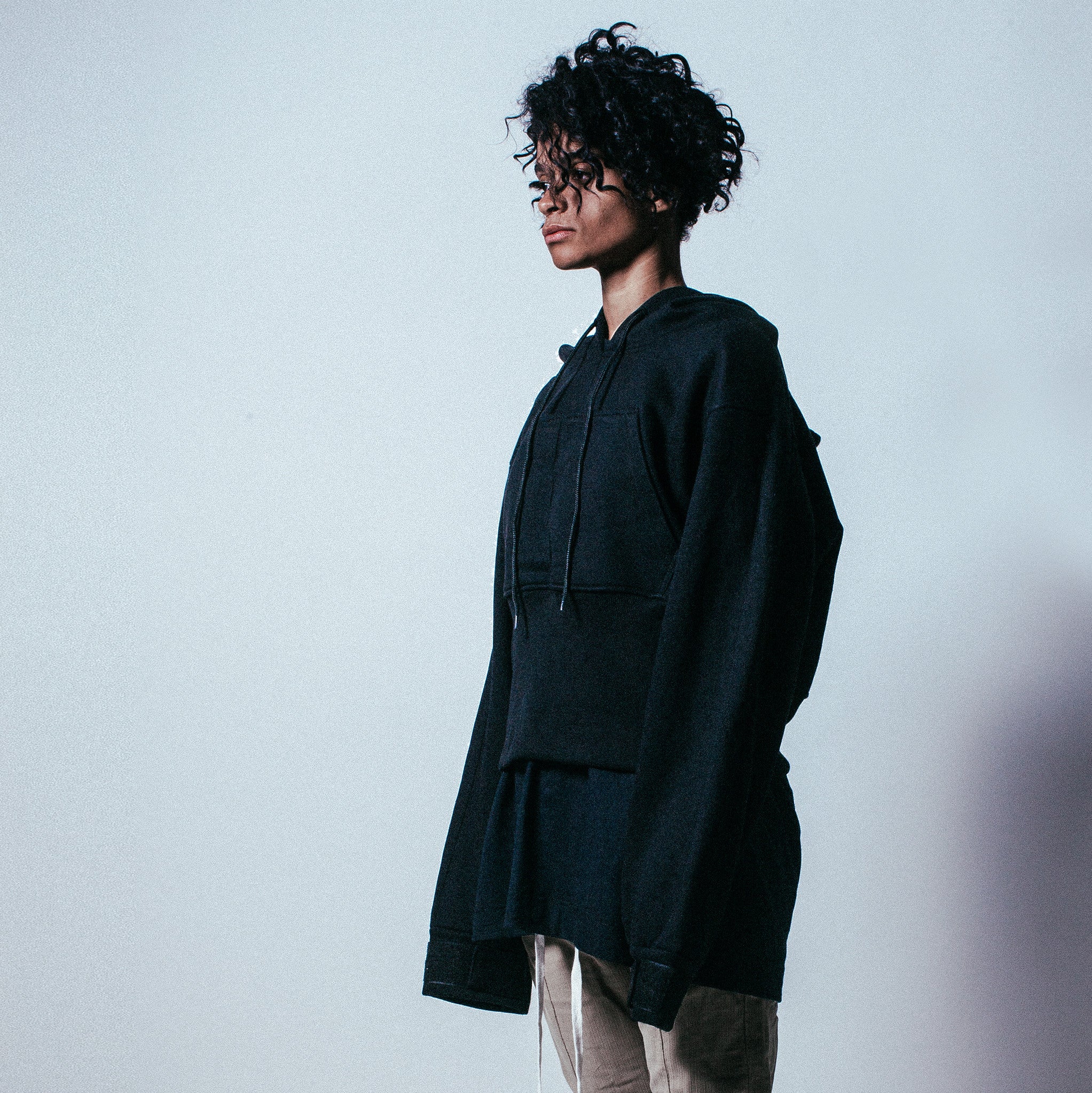Ribbed Oversized Pullover Hoodie in Black